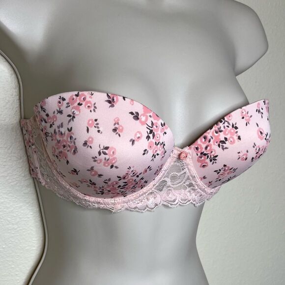 Laura Ashley Pink Peach Floral Strapless Push Up Bra Lace Women 34C No Straps - Picture 2 of 15